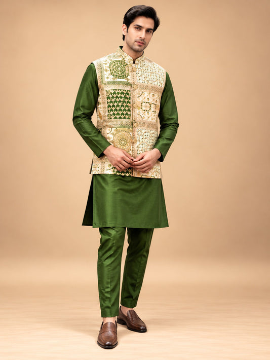 Men’s Olive Green Kurta Pant Set with Golden Printed Nehru Jacket – product view 1