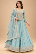 Elegant Ice Blue Designer Lehenga Set with Golden Embroidery & Matching Dupatta