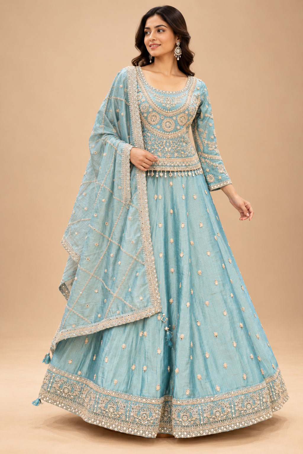 Elegant Ice Blue Designer Lehenga Set with Golden Embroidery & Matching Dupatta