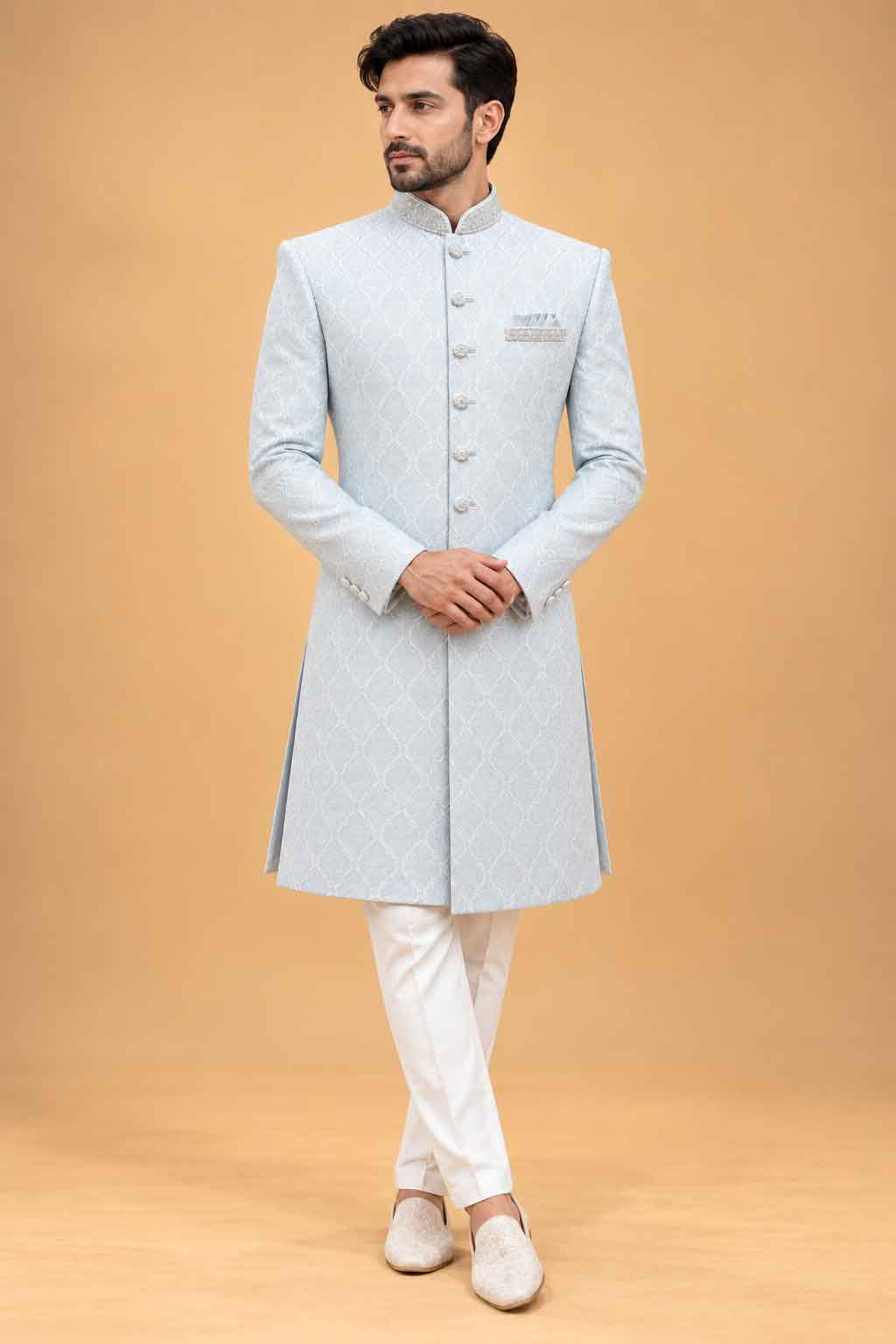 Aqua Textured Sherwani for Men with Ivory Trousers – product image 1