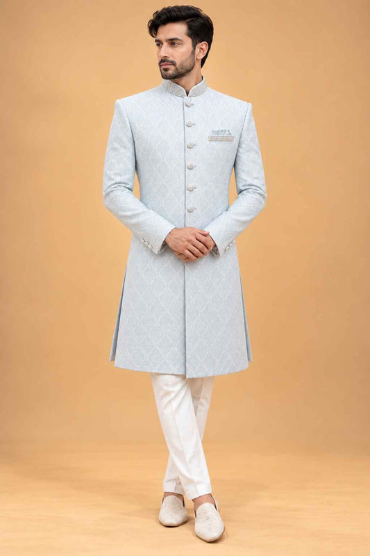 Aqua Textured Sherwani for Men with Ivory Trousers – product image 1