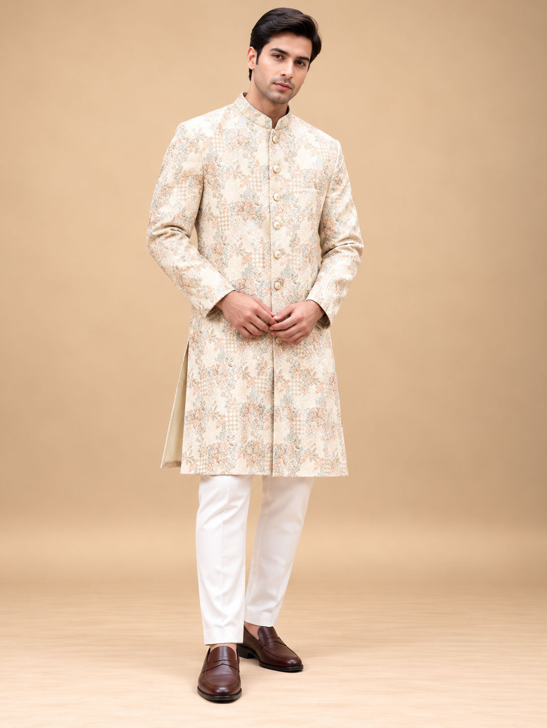 Men’s Ivory Cream Floral Brocade Sherwani with White Trousers – product view 1
