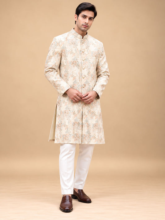 Men’s Ivory Cream Floral Brocade Sherwani with White Trousers – product view 1