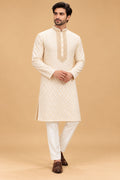 Premium Ivory Men's Kurta Pyjama Set with Gold Geometric Pattern and Embroidered Neckline
