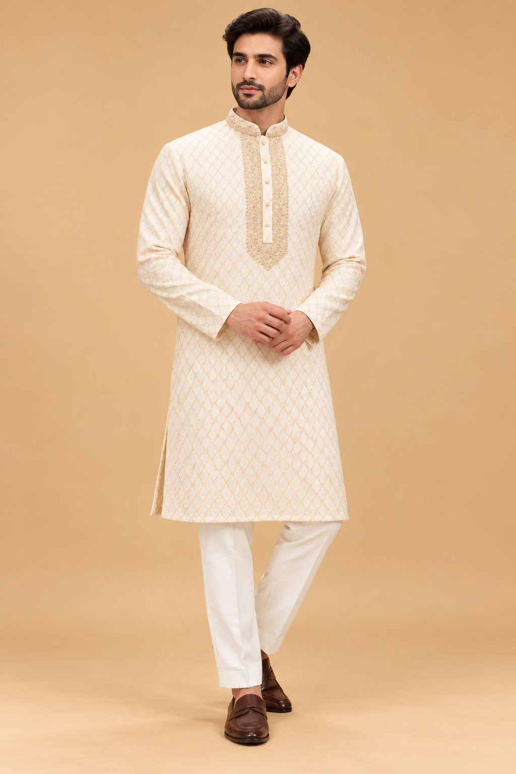 Premium Ivory Men's Kurta Pyjama Set with Gold Geometric Pattern and Embroidered Neckline