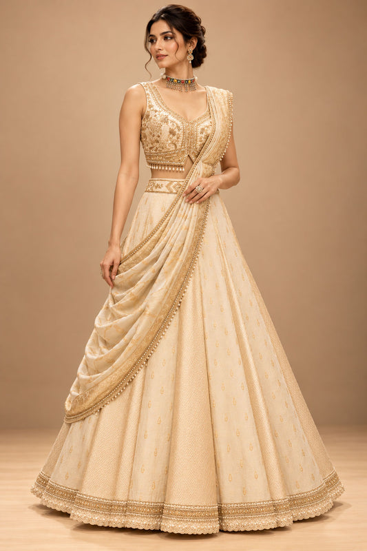 Premium Ivory Gold Embroidered Lehenga Choli with Designer Draped Dupatta for Women – product image 1