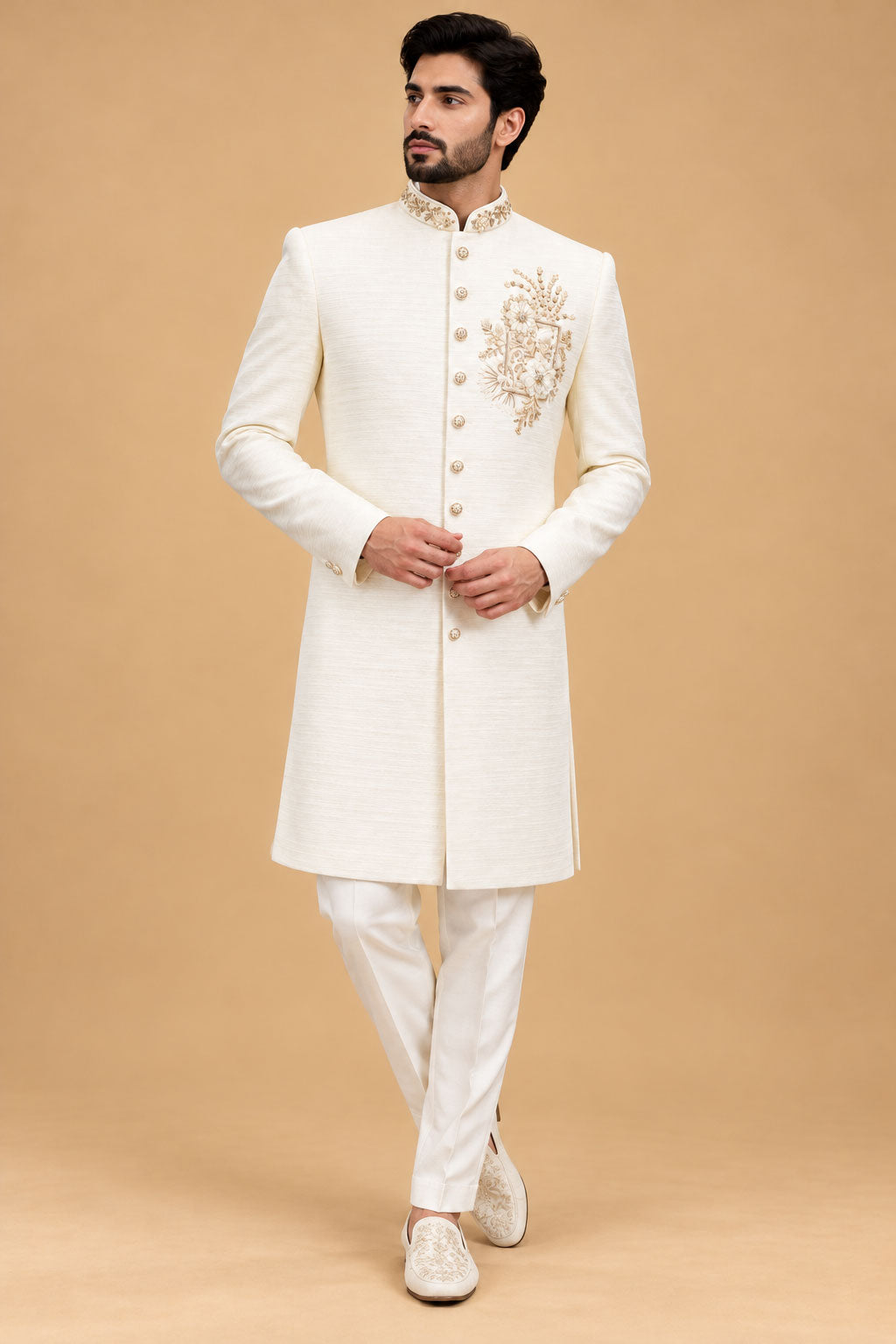 Men's Premium Ivory Sherwani with Gold Floral Embroidery for Weddings
