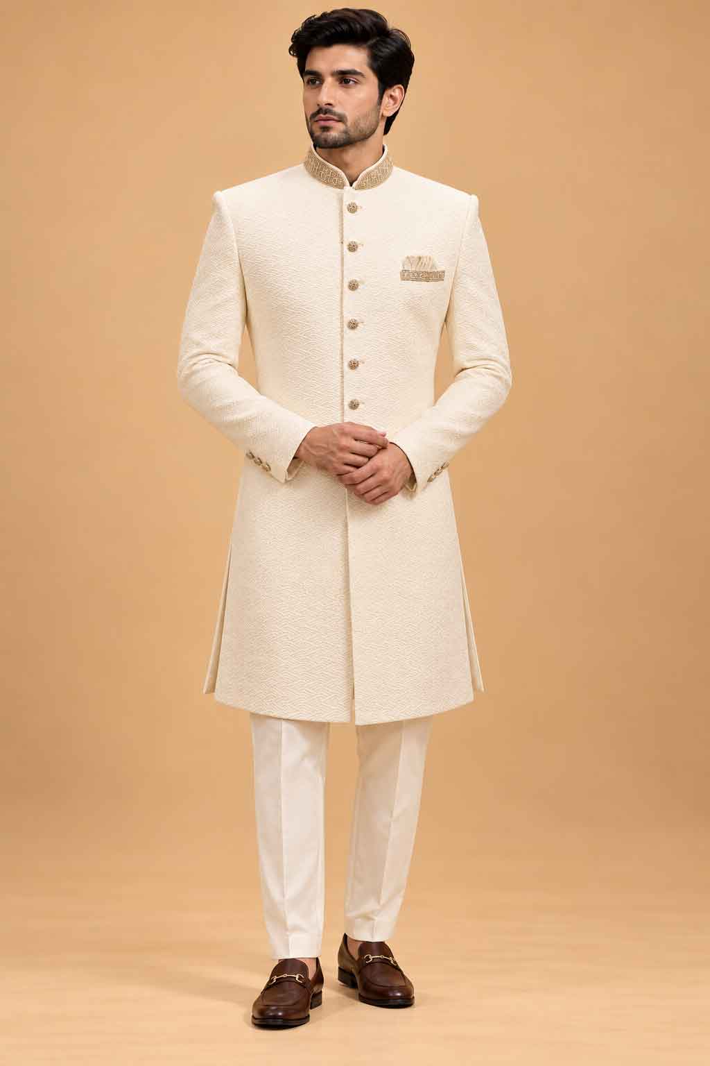 Ivory Textured Sherwani for Men with Trousers – product image 1