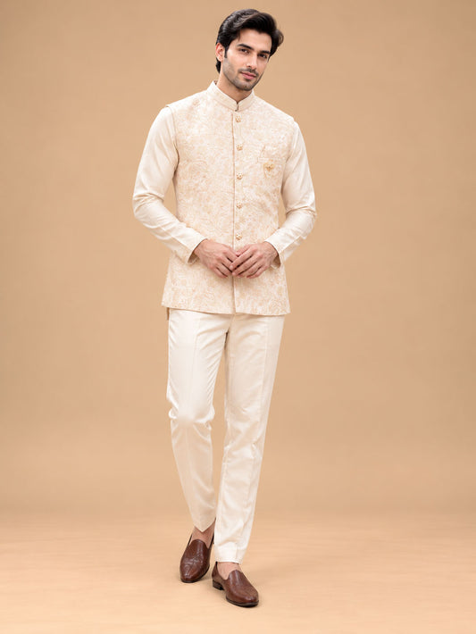Ivory Cream Floral Embroidered Nehru Jacket with Kurta and Trouser Set for Men – product view 1