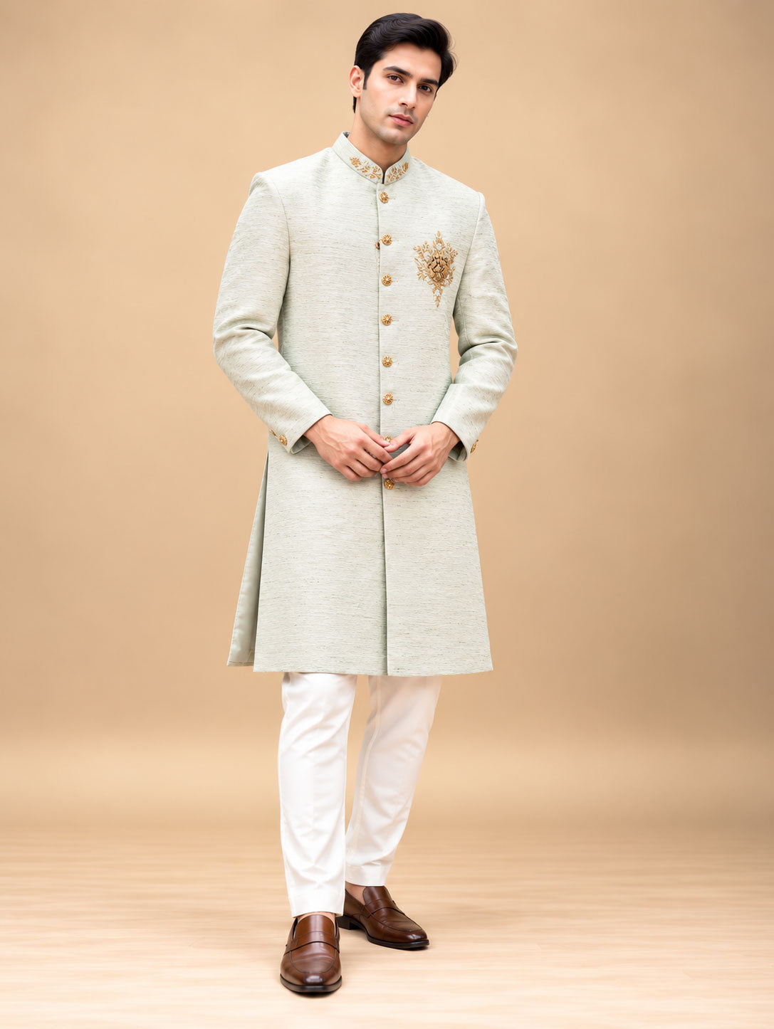 Premium Pastel Mint Green Sherwani with Gold Embroidery for Men – product view 1