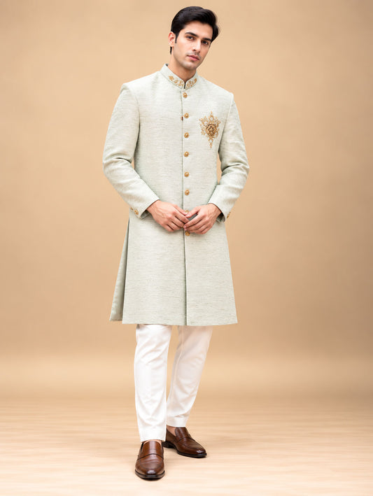 Premium Pastel Mint Green Sherwani with Gold Embroidery for Men – product view 1