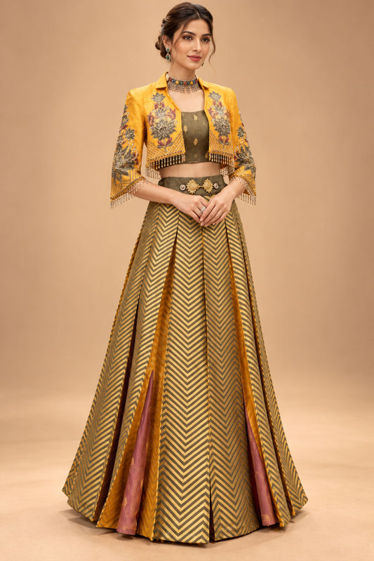 Elegant Mustard Yellow & Olive Green Designer Lehenga Set with Embroidered Jacket