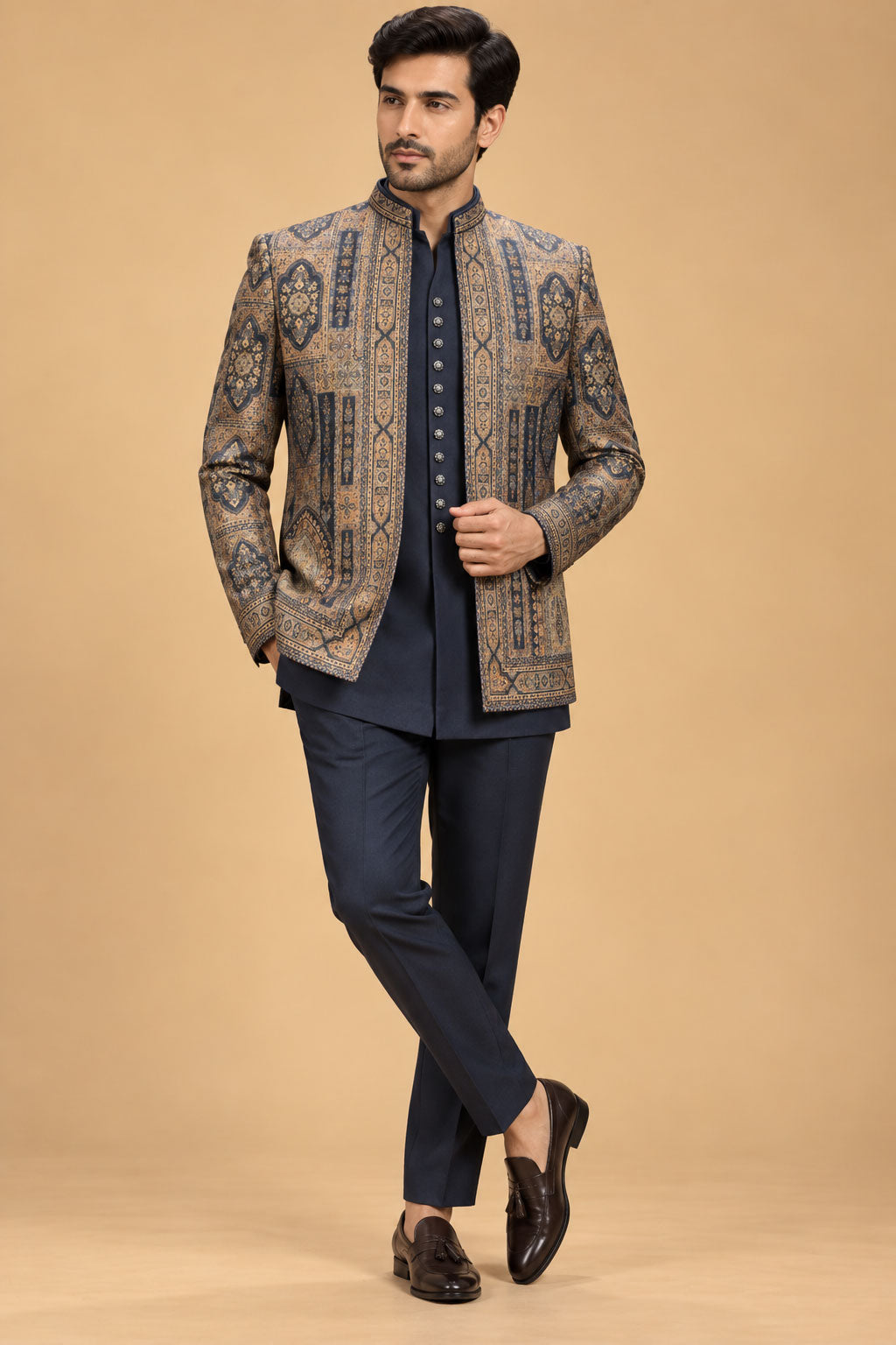 Navy blue and antique gold jacquard Indo-Western sherwani set for men