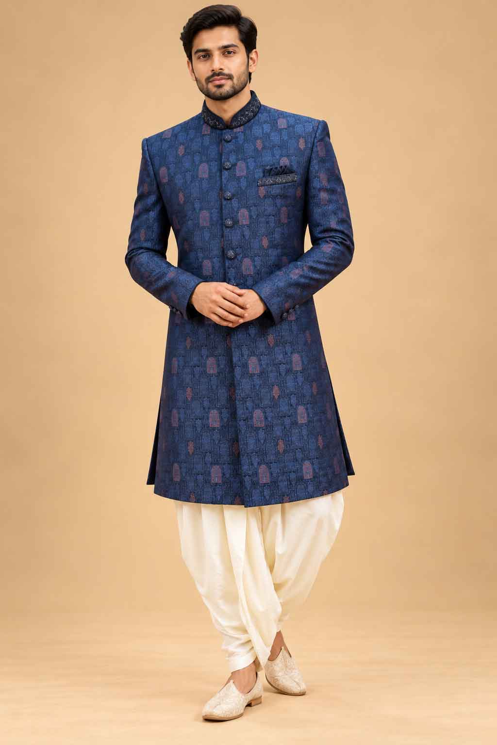Navy Blue Textured Sherwani with Ivory Dhoti for Men – product image 1