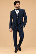 Premium Navy Blue Geometric Pattern Men's Designer Three-Piece Tuxedo Suit with Layered Lapel Detailing