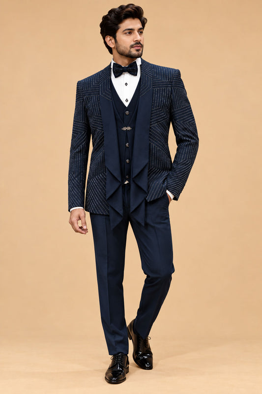 Premium Navy Blue Geometric Pattern Men's Designer Three-Piece Tuxedo Suit with Layered Lapel Detailing