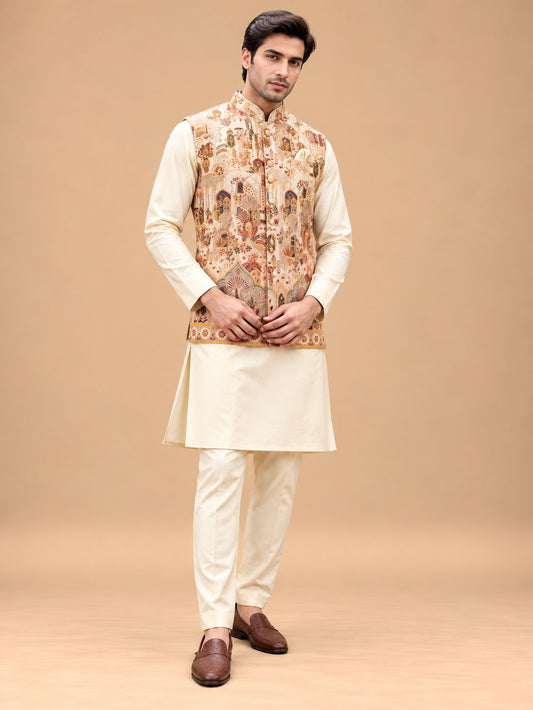 Cream Designer Kurta Set for Men with Multicolour Heritage Printed Nehru Jacket – product view 1
