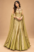 Elegant Olive Green Designer Anarkali Gown with Golden Jacquard Work & Matching Dupatta