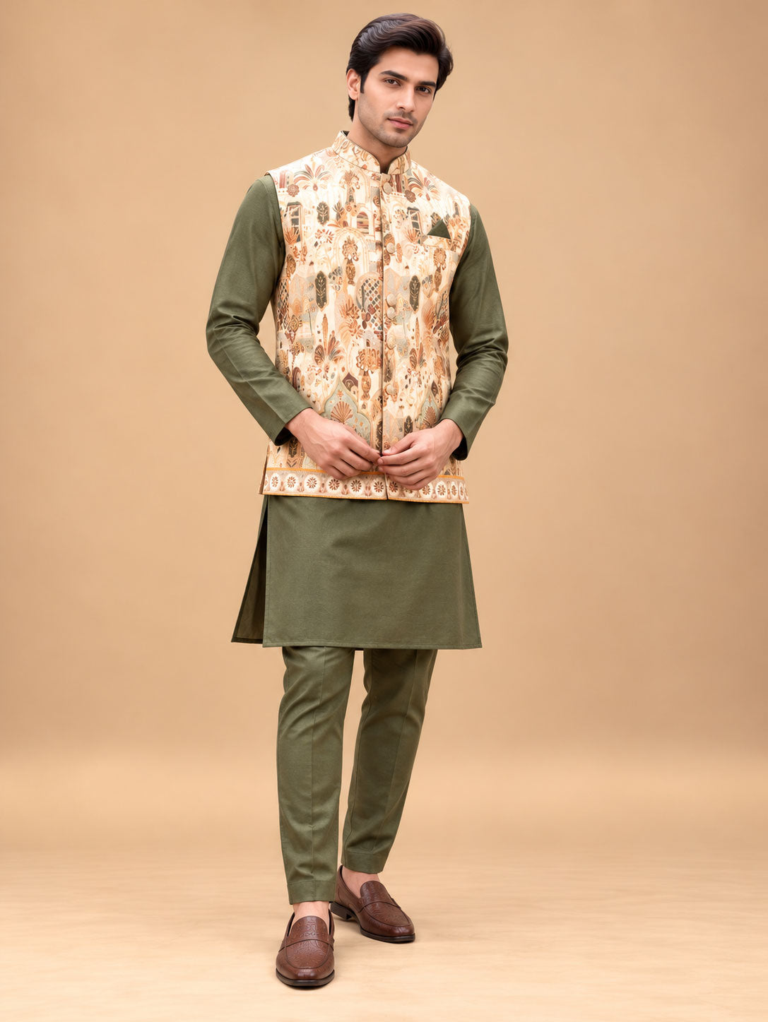 Olive Green Designer Kurta Set for Men with Cream Heritage Floral Printed Nehru Jacket – product view 1