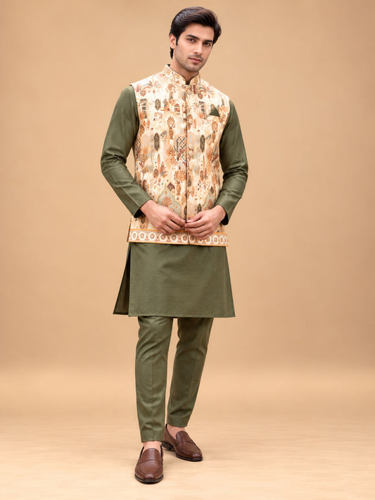 Olive Green Designer Kurta Set for Men with Cream Heritage Floral Printed Nehru Jacket – product view 1