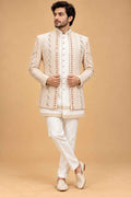 Ivory Pastel Gold Embellished Indo-Western Suit Set for Men | Wedding Wear