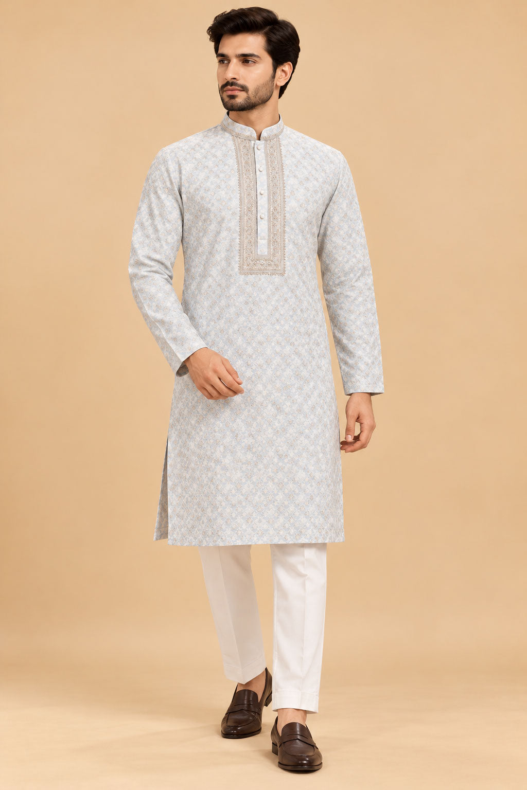 Premium Pastel Sky Blue Men's Kurta Pyjama Set with Intricate Geometric Pattern and Embroidered Neckline