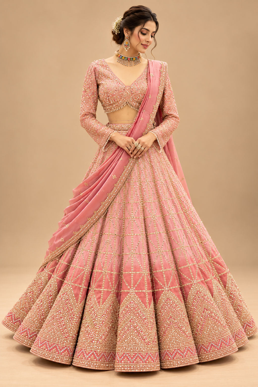 Premium Dusty Rose Pink Bridal Lehenga with Gold Geometric Embroidery and Embellished Dupatta – product image 1