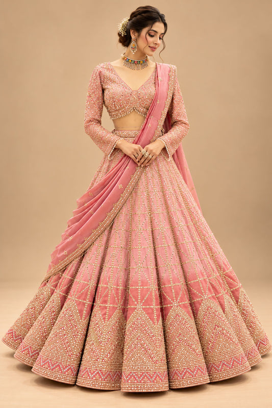 Premium Dusty Rose Pink Bridal Lehenga with Gold Geometric Embroidery and Embellished Dupatta – product image 1