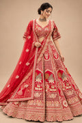 Premium Red Bridal Lehenga with Gold Embroidery, Multicolour Floral Motifs and Heavy Embroidered Dupatta