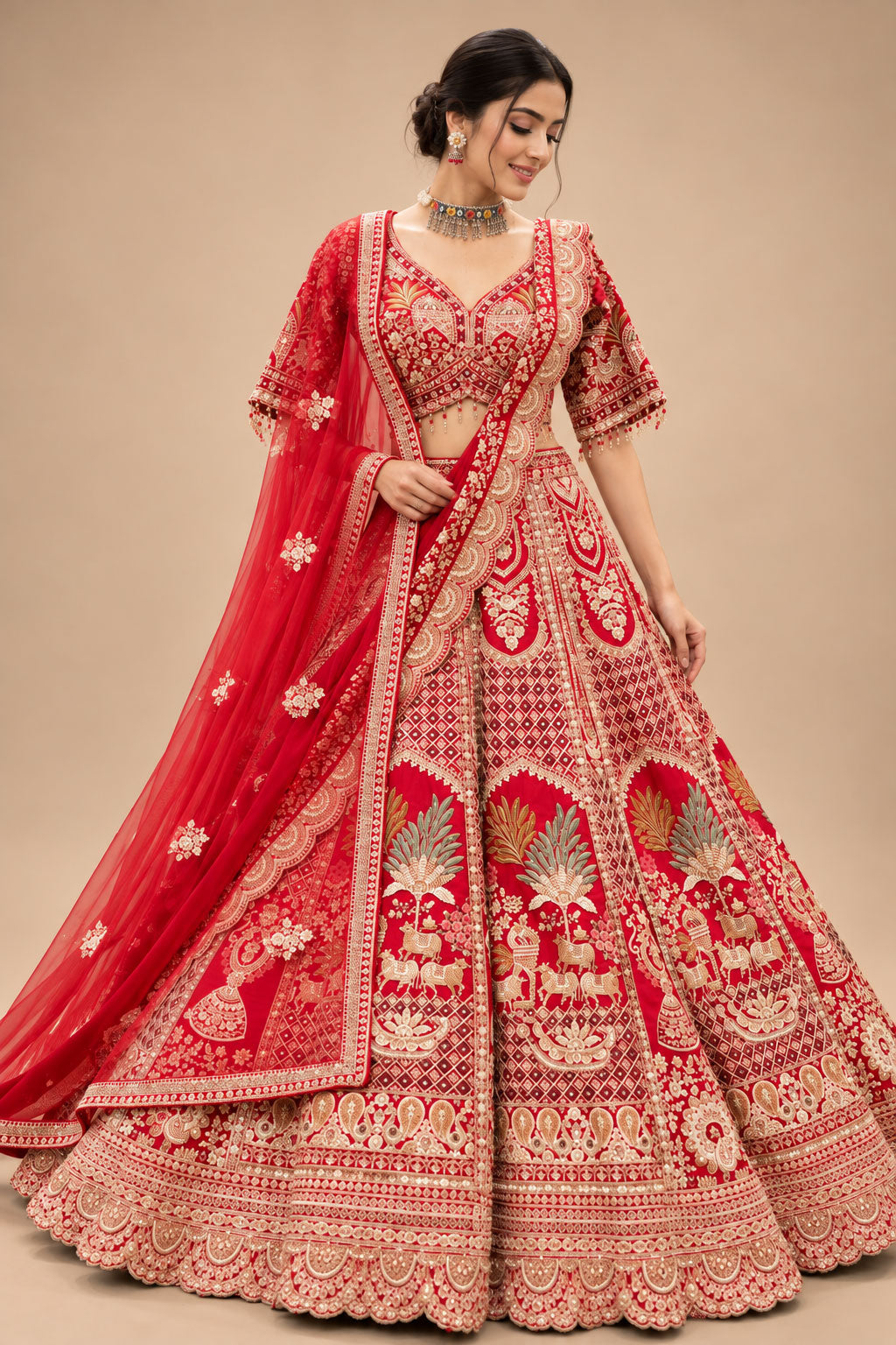 Premium Red Bridal Lehenga with Gold Embroidery, Multicolour Floral Motifs and Heavy Embroidered Dupatta