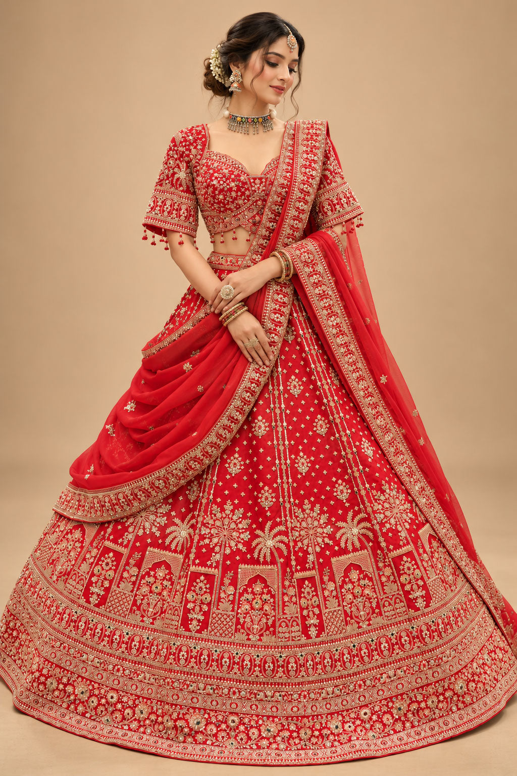 Premium Bridal Red Lehenga with Heavy Gold Embroidery and Designer Dupatta for Women – product view 1