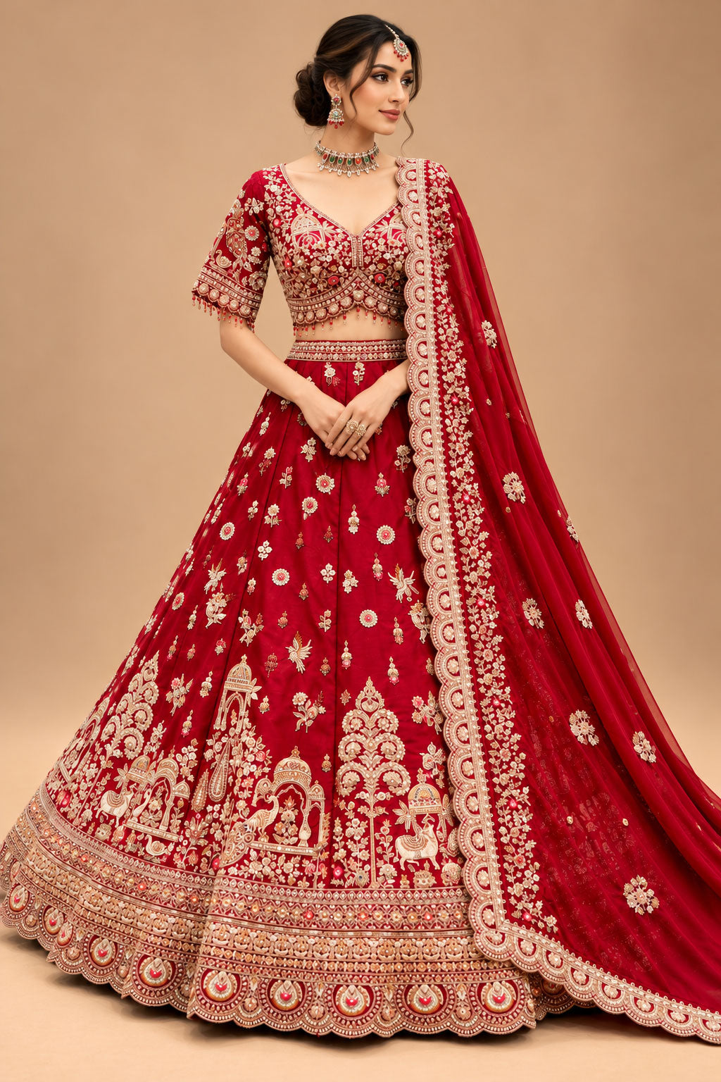 Luxury Red Bridal Lehenga with Intricate Gold Embroidery, Traditional Motifs and Designer Dupatta