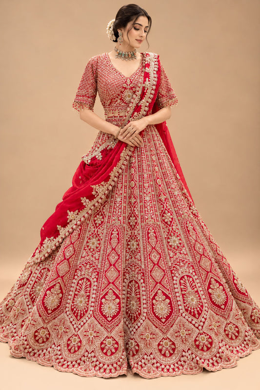 Luxury Red Bridal Lehenga with Intricate Gold Embroidery and Heavy Embellished Dupatta