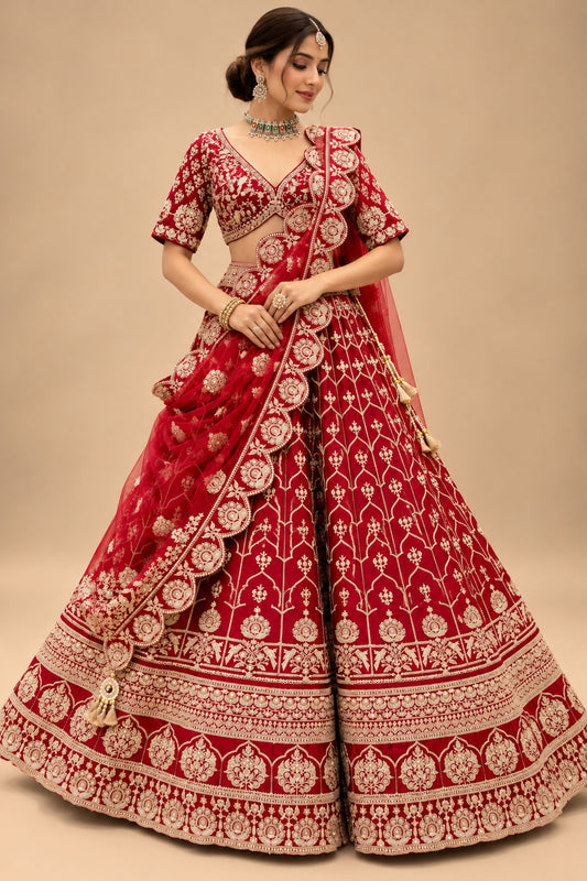 Luxury Red Bridal Lehenga with Gold Floral Embroidery and Scalloped Dupatta