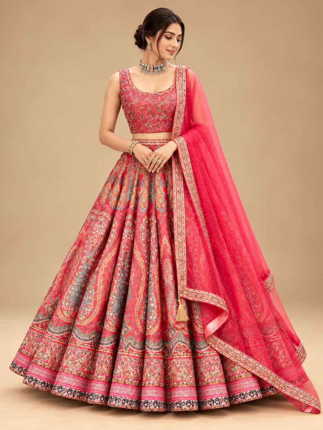 Coral Red & Pink Printed Lehenga Set with Embellished Dupatta for Women – product view 1