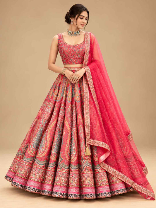 Coral Red & Pink Printed Lehenga Set with Embellished Dupatta for Women – product view 1