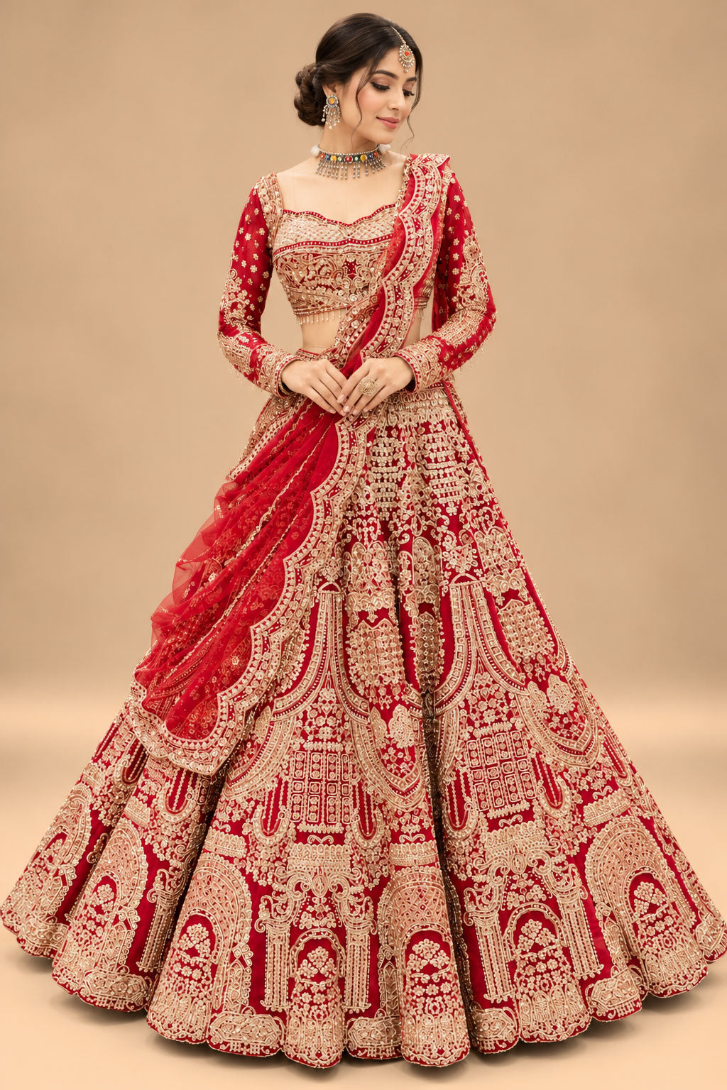 Luxury Red Bridal Lehenga with Heavy Gold Embroidery and Royal Architectural Motifs