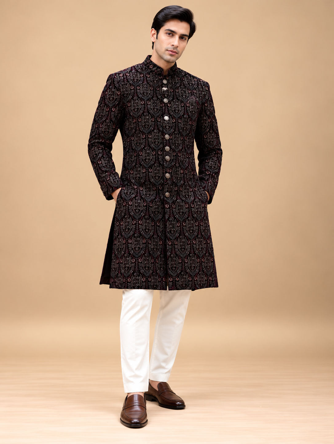 Men’s Black and Maroon Ornamental Pattern Sherwani with Ivory White Trousers – product view 1