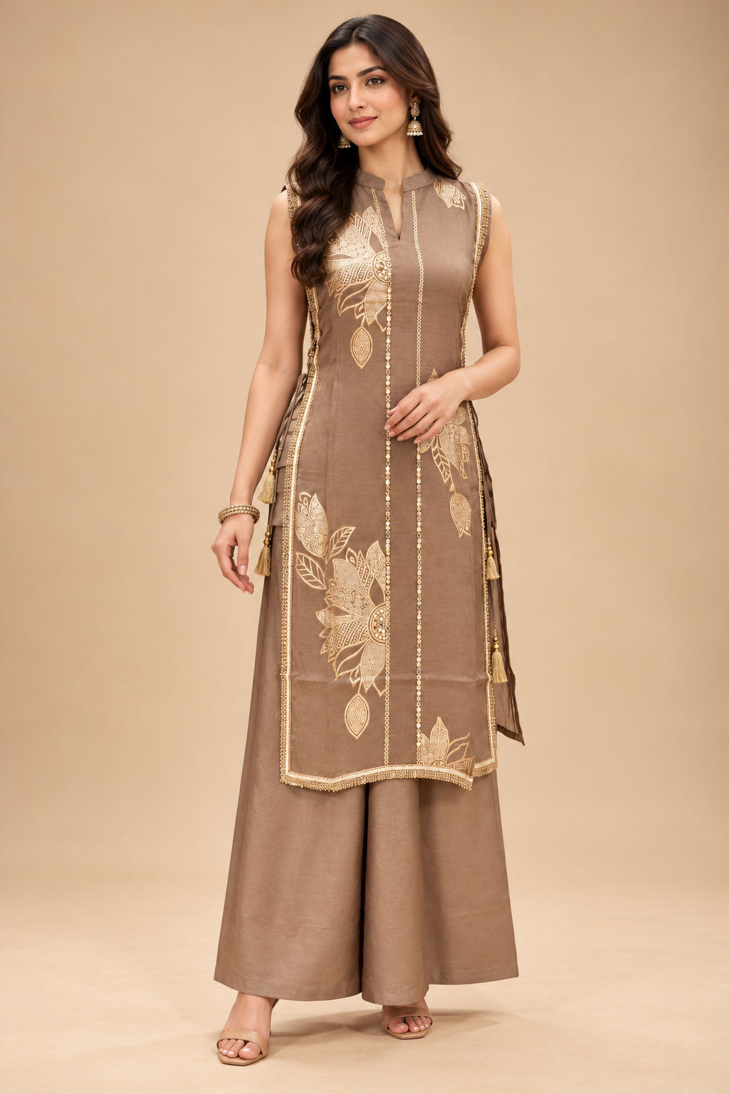 Taupe Brown kurta palazzo set for women – product view 1