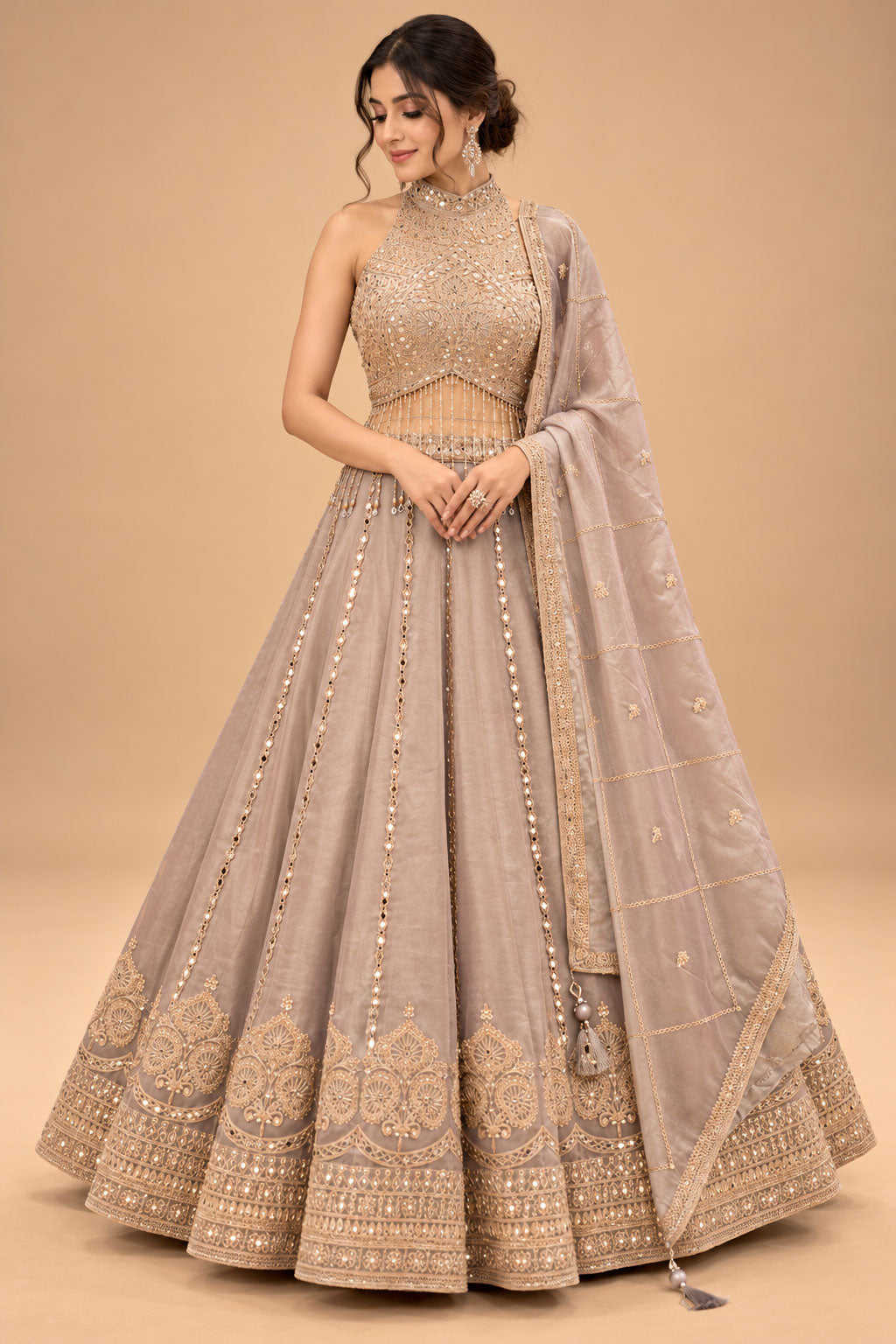 Premium Taupe Beige Embroidered Lehenga Choli with Mirror Work and Dupatta for Women – product image 1