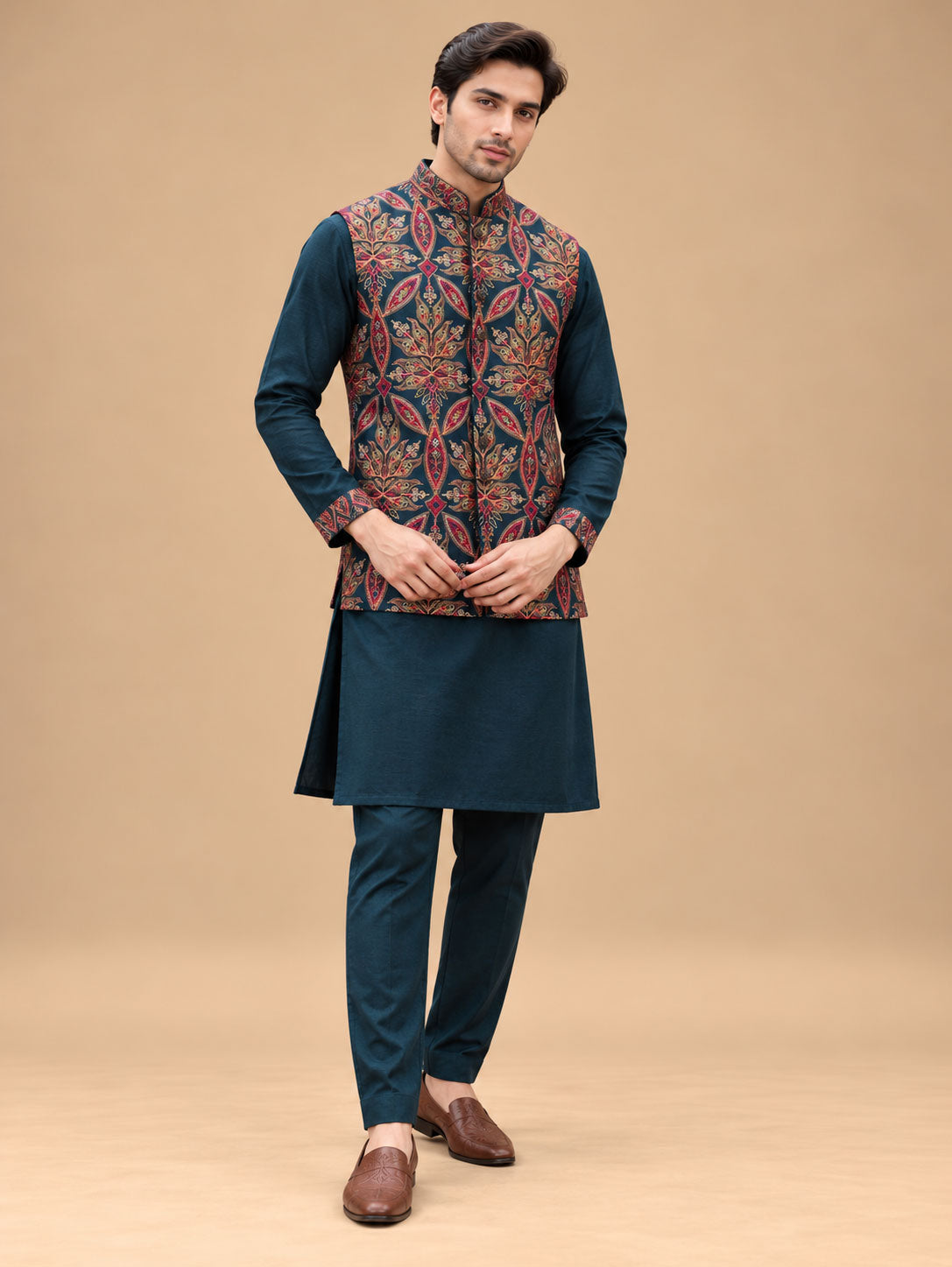 Teal Blue Designer Kurta Set for Men with Multicolour Floral Patterned Nehru Jacket – product view 1