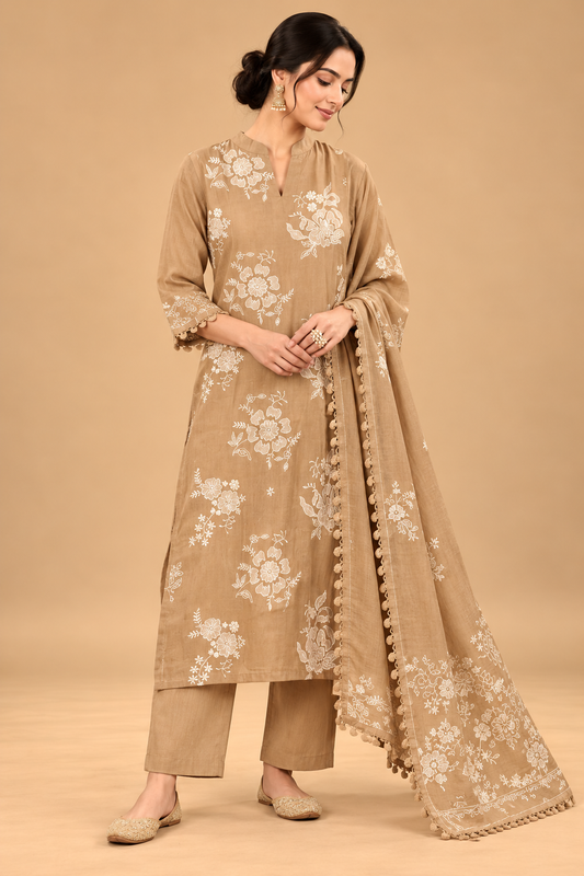 Elegant Camel Beige Floral Embroidered Straight Kurta Set with Pants and Dupatta for Women