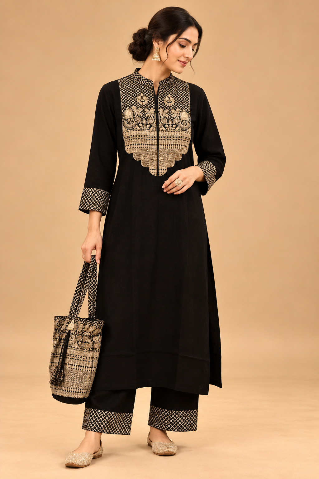 Black and gold embroidered straight kurta set with matching pants and potli bag for women