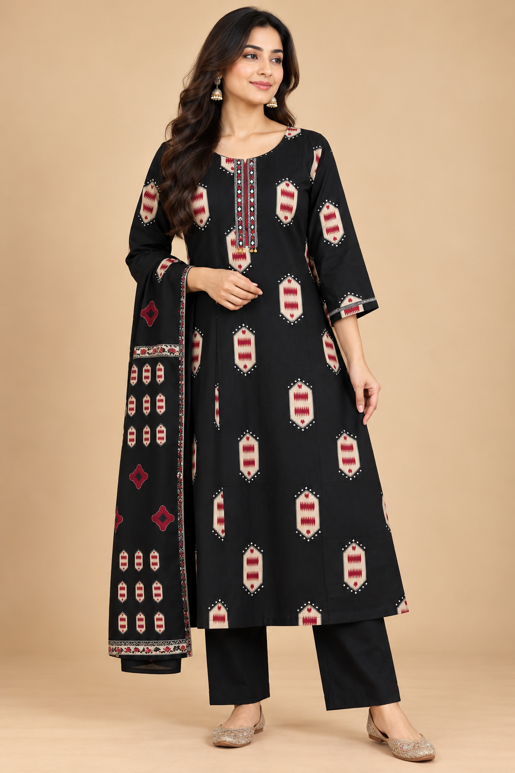 Black Geometric Printed A-Line Kurta Set with Matching Pants and Designer Dupatta for Women