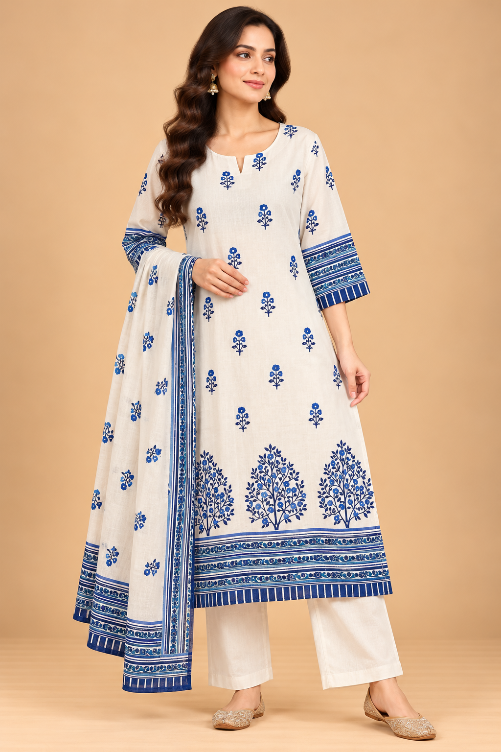 Ivory White and Royal Blue Floral Printed A-Line Kurta Palazzo Set with Dupatta for Women