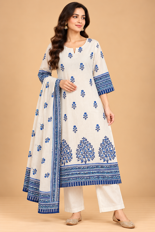 Ivory White and Royal Blue Floral Printed A-Line Kurta Palazzo Set with Dupatta for Women