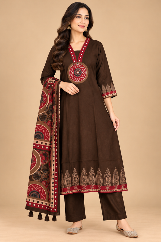 Chocolate Brown Printed A-Line Kurta Set with Maroon Designer Dupatta and Straight Pants for Women