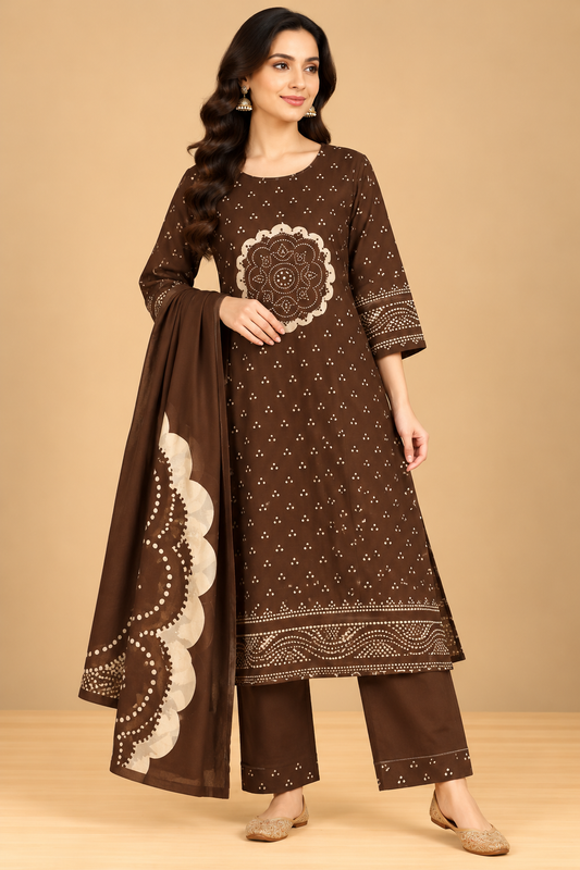 Chocolate Brown Mandala Printed A-Line Kurta Palazzo Set with Dupatta for Women