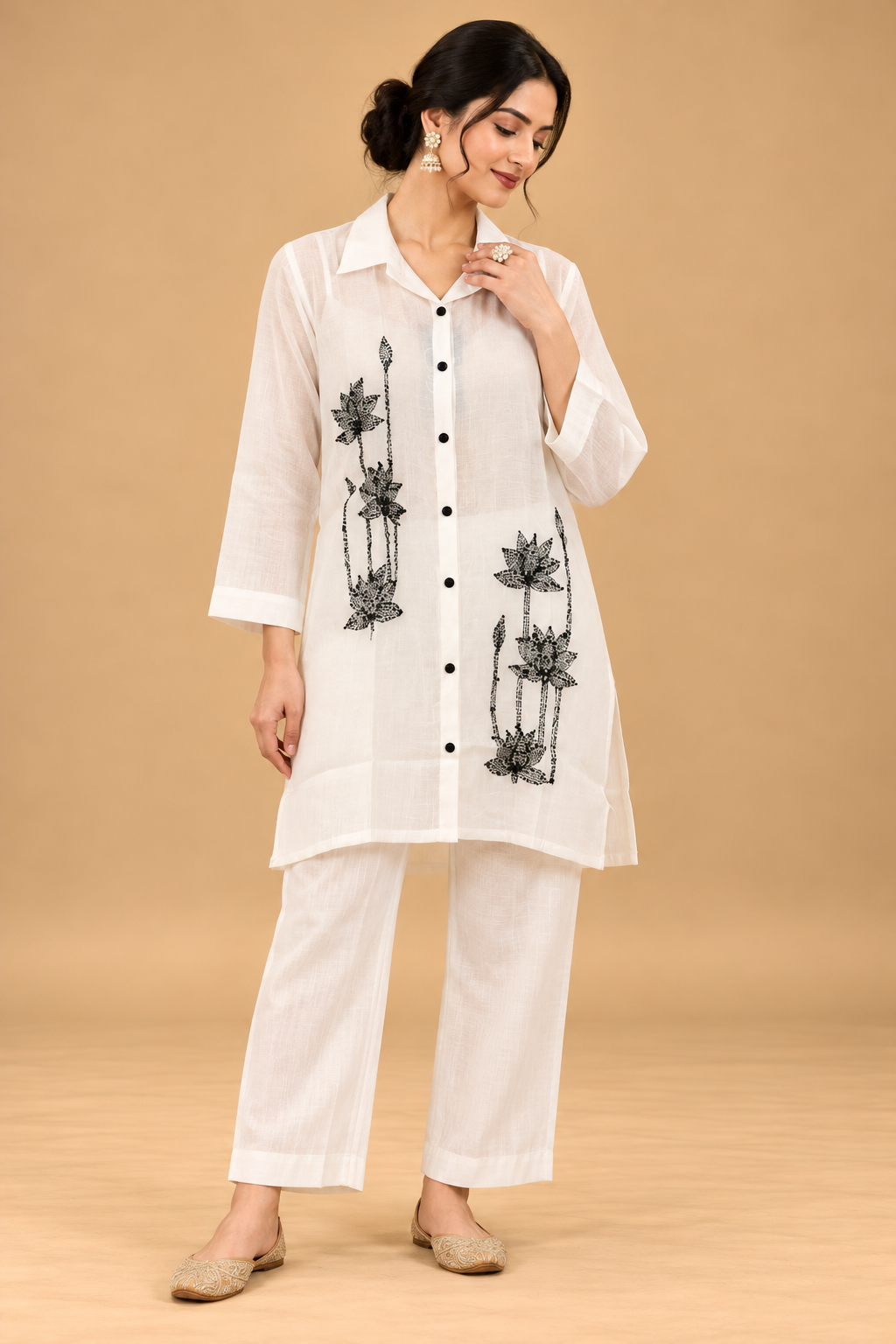 Elegant Ivory White Shirt-Style Kurta Set with Black Floral Embroidery and Straight Pants for Women