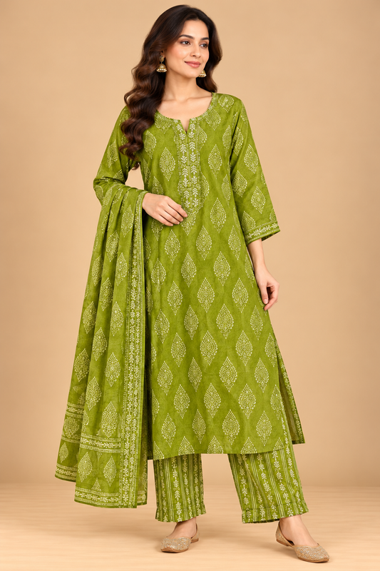 Mehendi Green Ethnic Printed A-Line Kurta Palazzo Set with Dupatta for Women